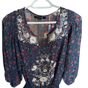 Forever 21 Navy Floral Embroidered Blouse